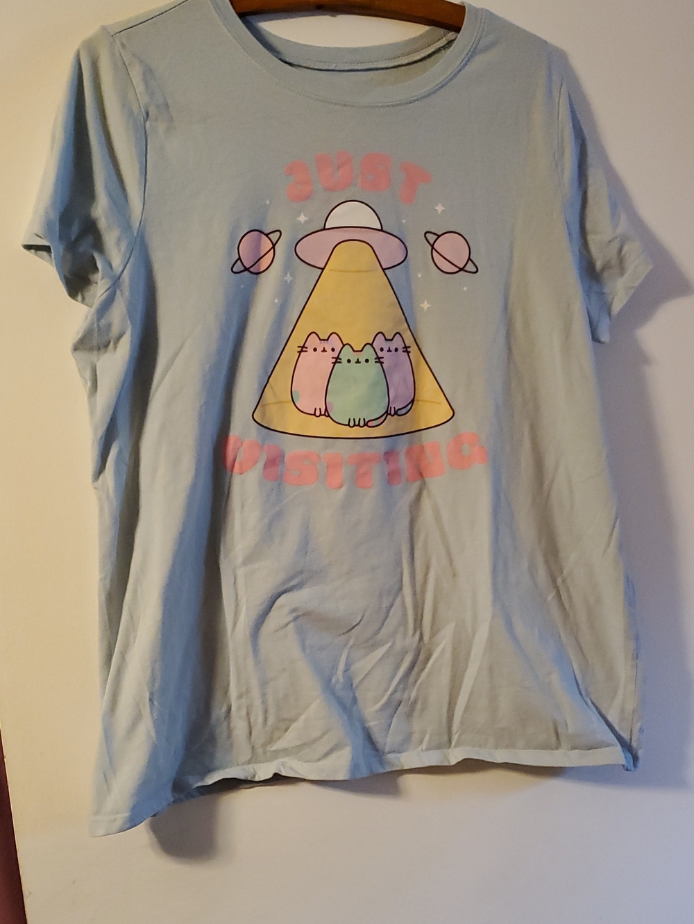 Torrid size 2(2x) Light Blue Graphic Tee with Cute Pusheen Alien UFO Cats